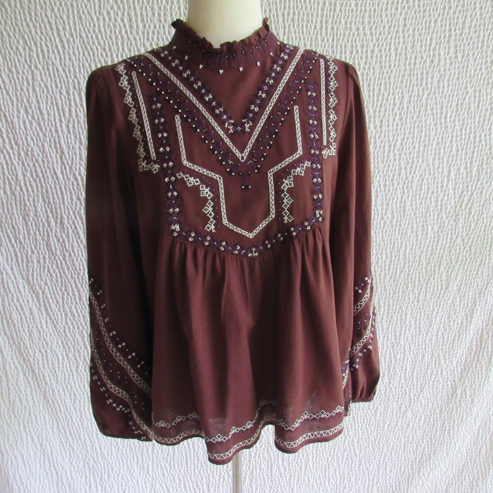 Zara Beaded Embroidered Boho Top S Shirt Blouse Long Slv Brown Purple Ruffle